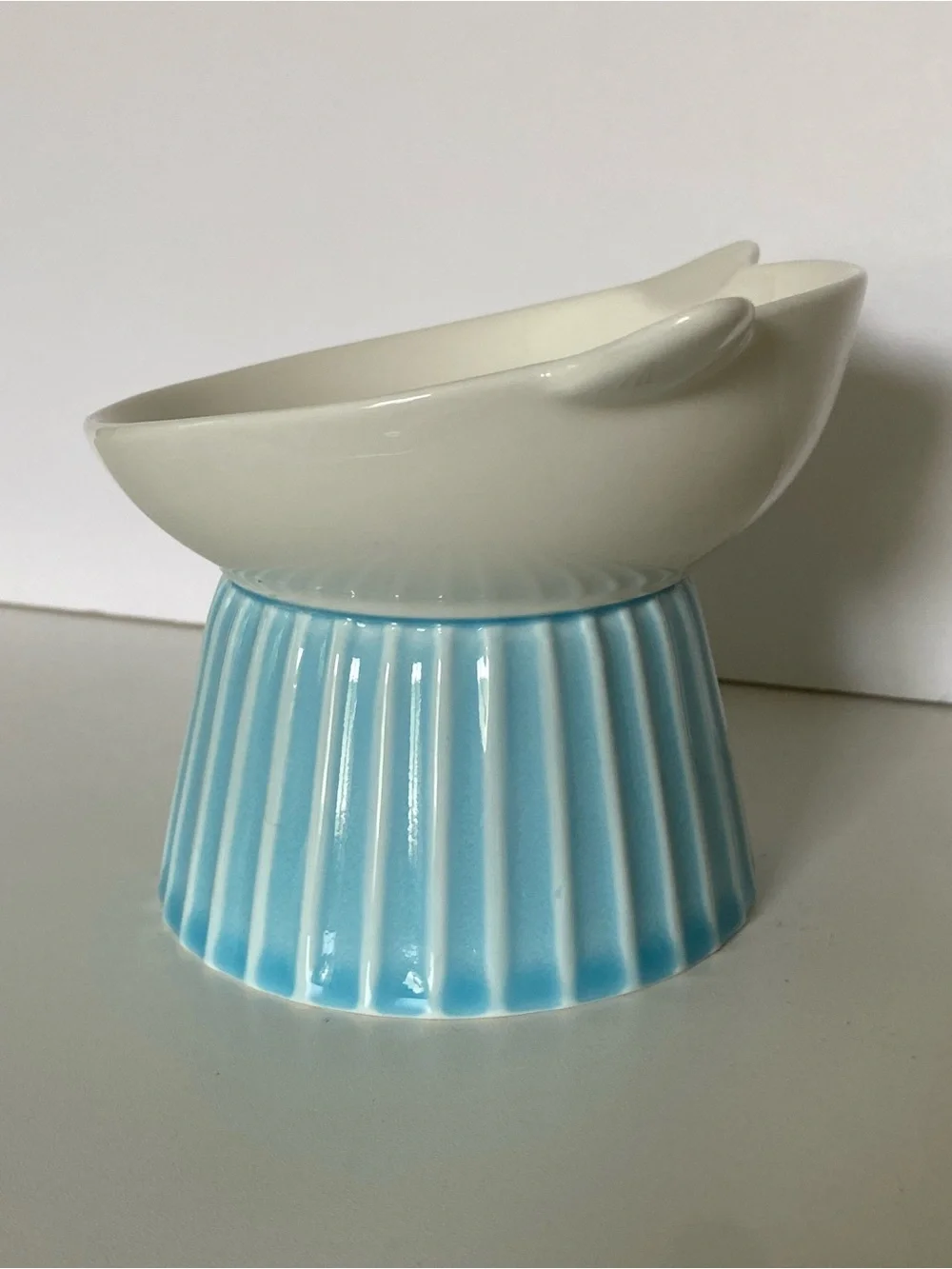 Raised Cat Food Bowl Pedestal Face Ears White Aqua Porcelain Water Dish Ceramic